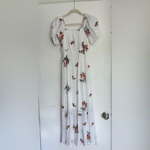 Anthropologie Kindred White Floral Embroidered Maxi Dress with Square neck